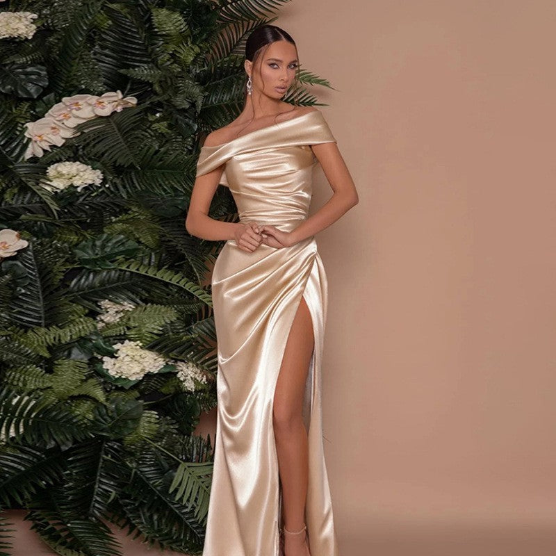 Elegant off shoulder satin slit dress