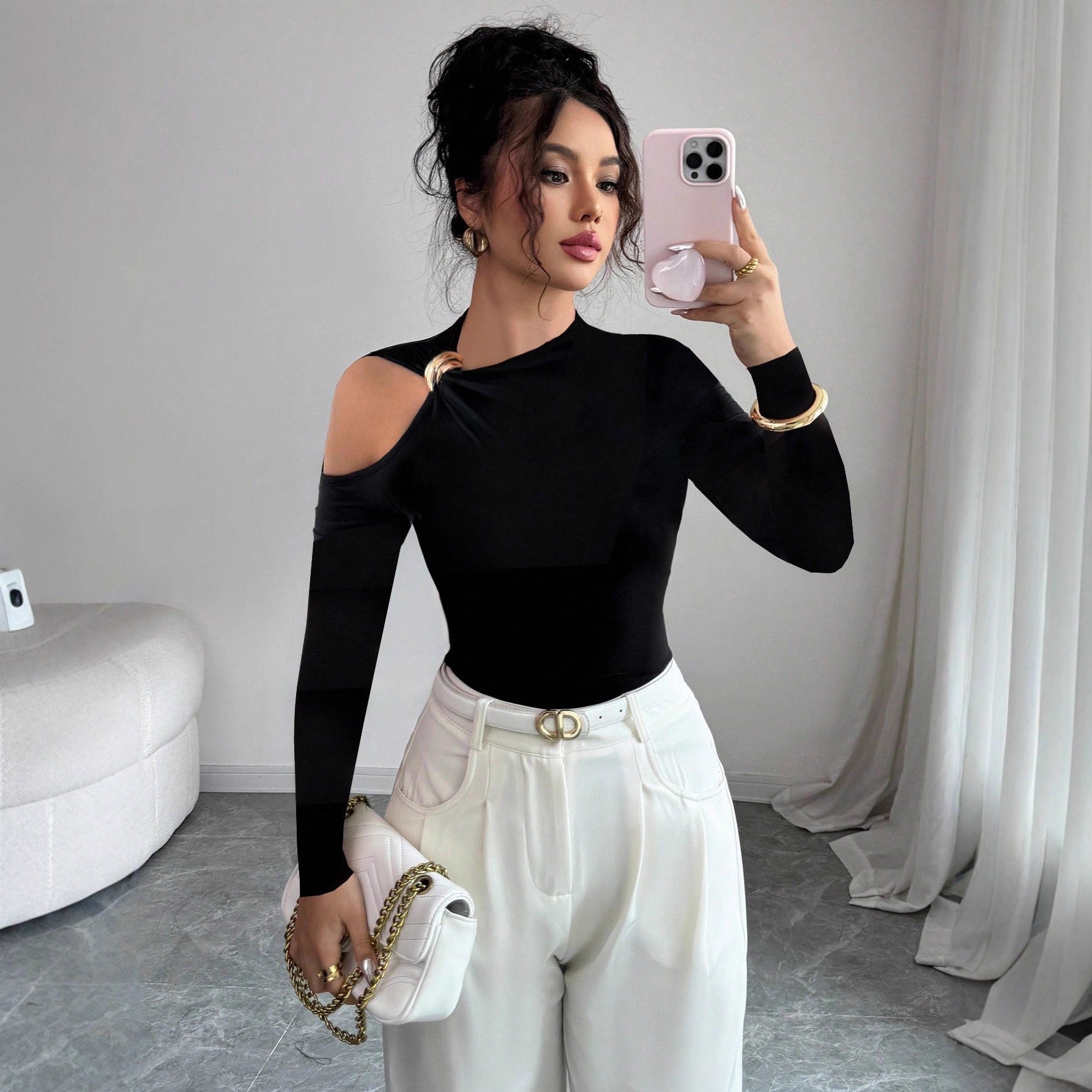 asymmetric off-the-shoulder slim top