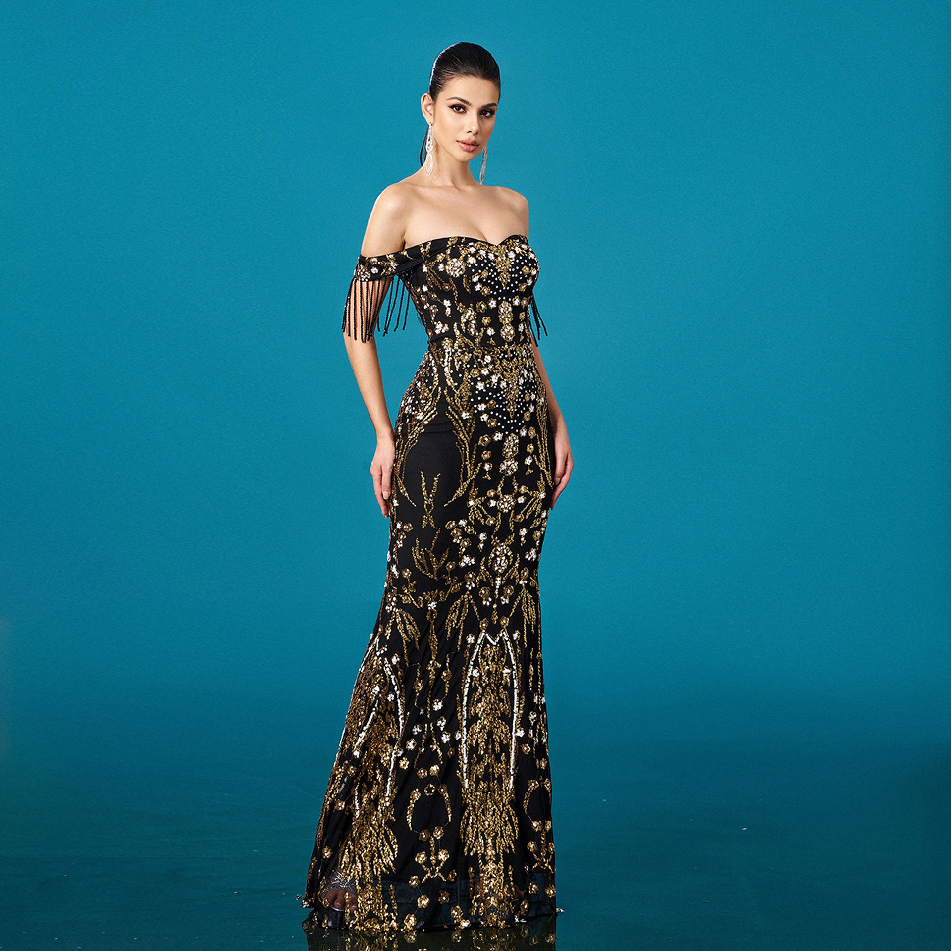 Off-neck Sequined Fishtail Evening Dress For Banquet