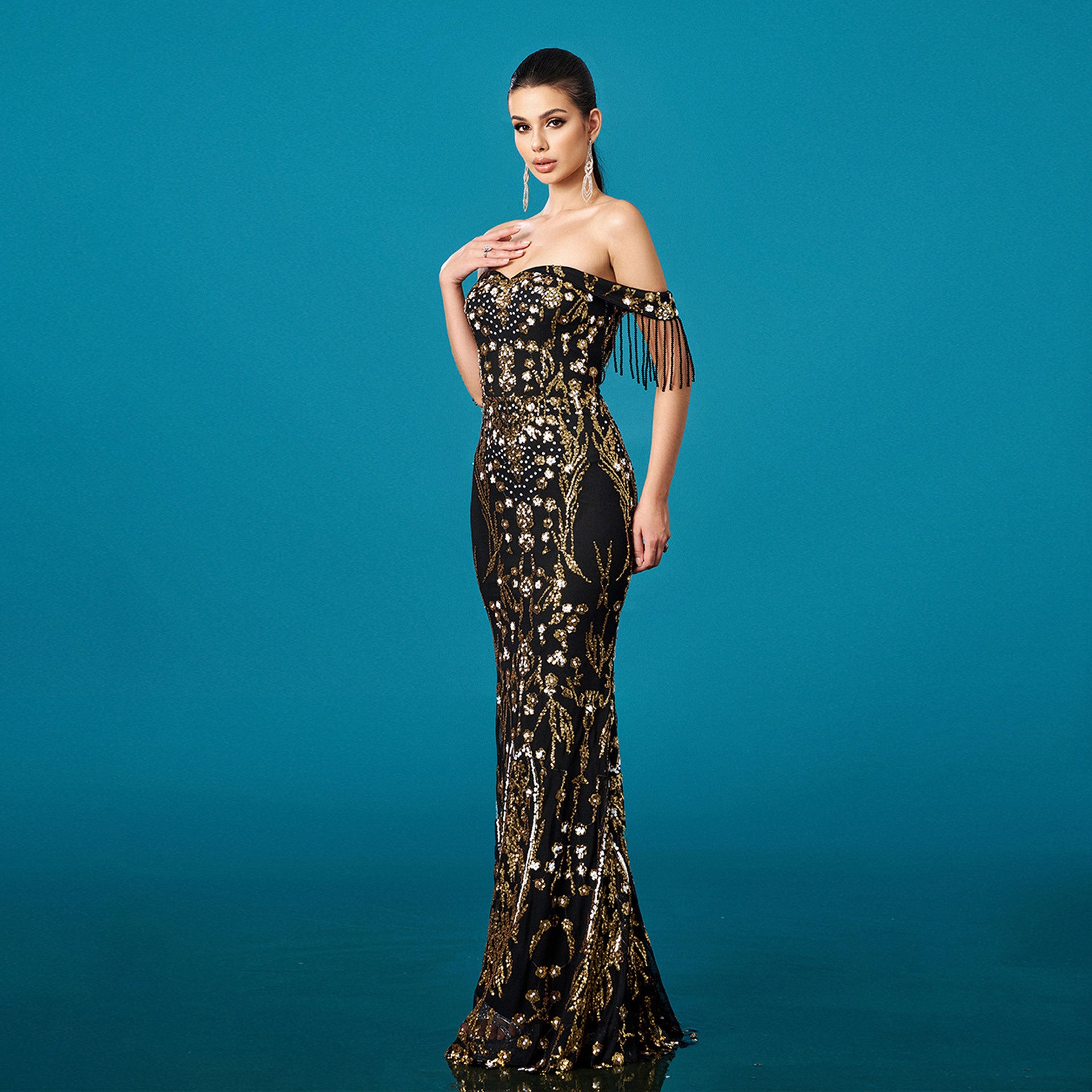 Off-neck Sequined Fishtail Evening Dress For Banquet