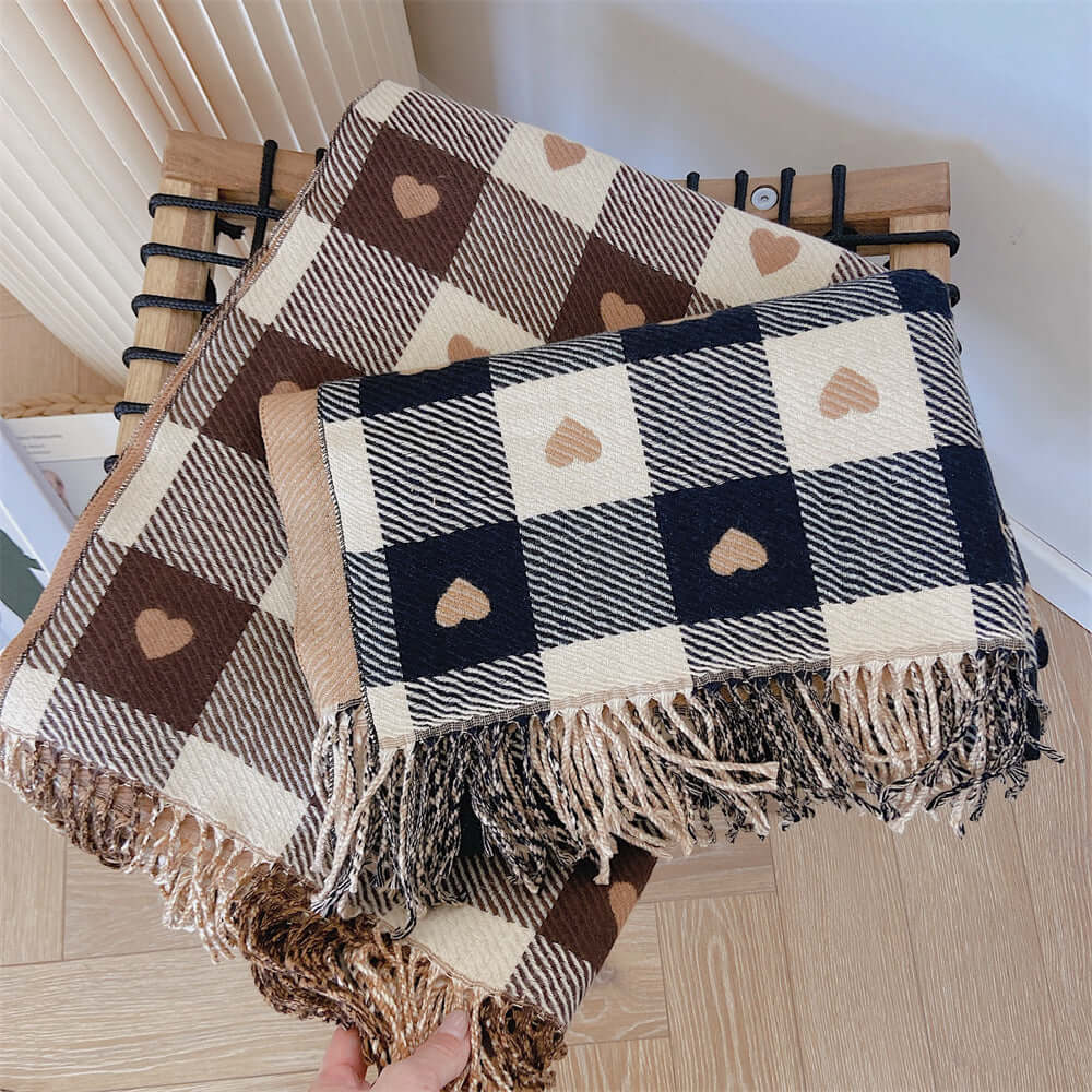 thick checks fringe cashmere scarf