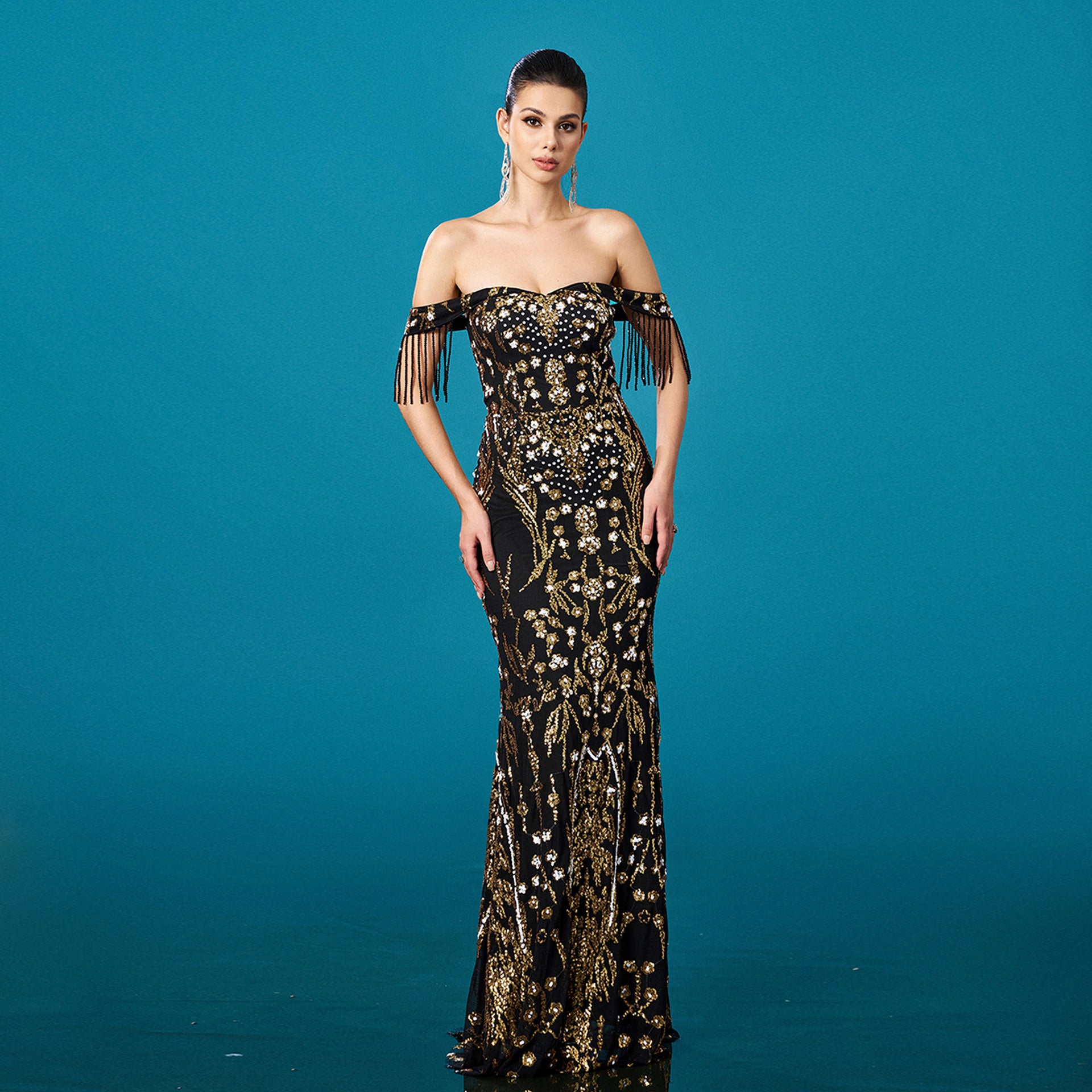 Off-neck Sequined Fishtail Evening Dress For Banquet