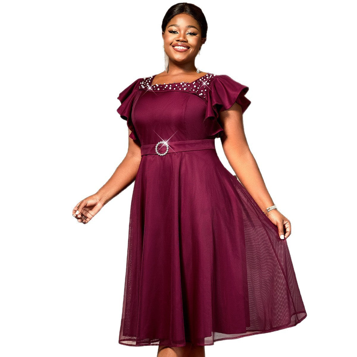 Butterfly Sleeve Ruffles Party Elegant Dress