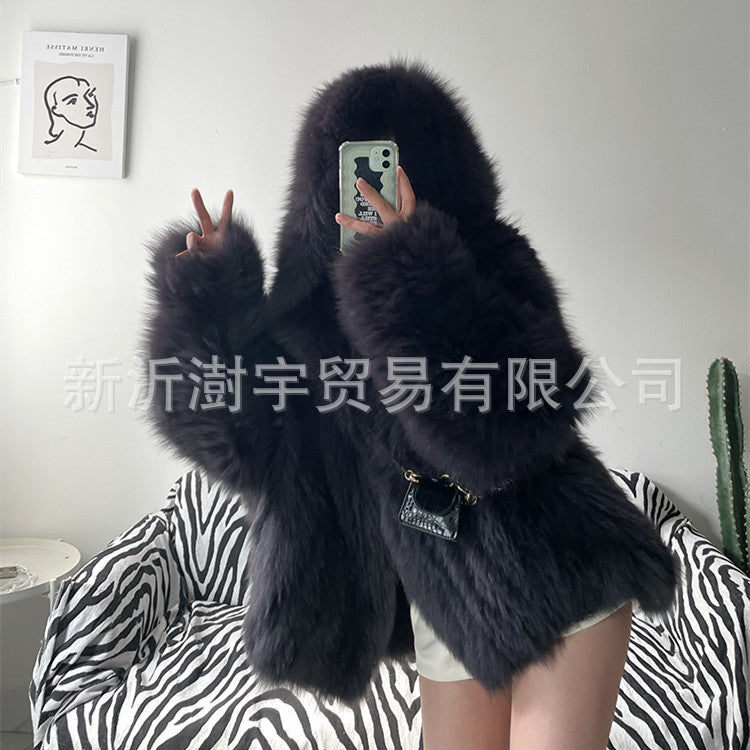 hooded fox fur coat for women