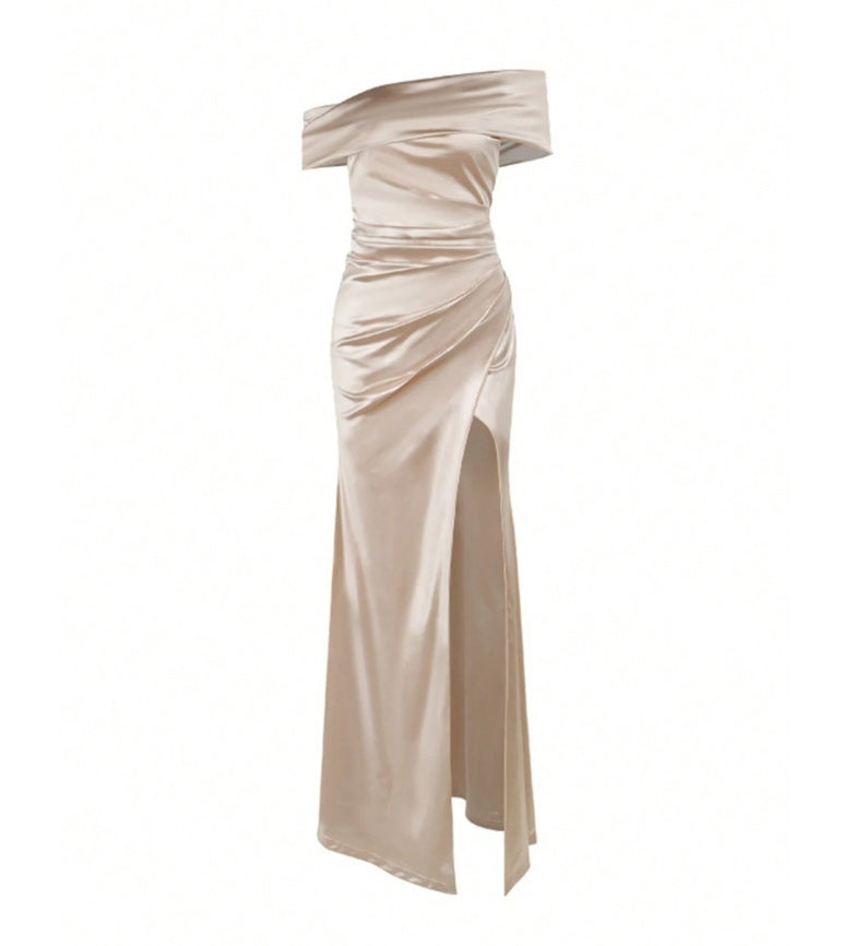 Elegant off shoulder satin slit dress