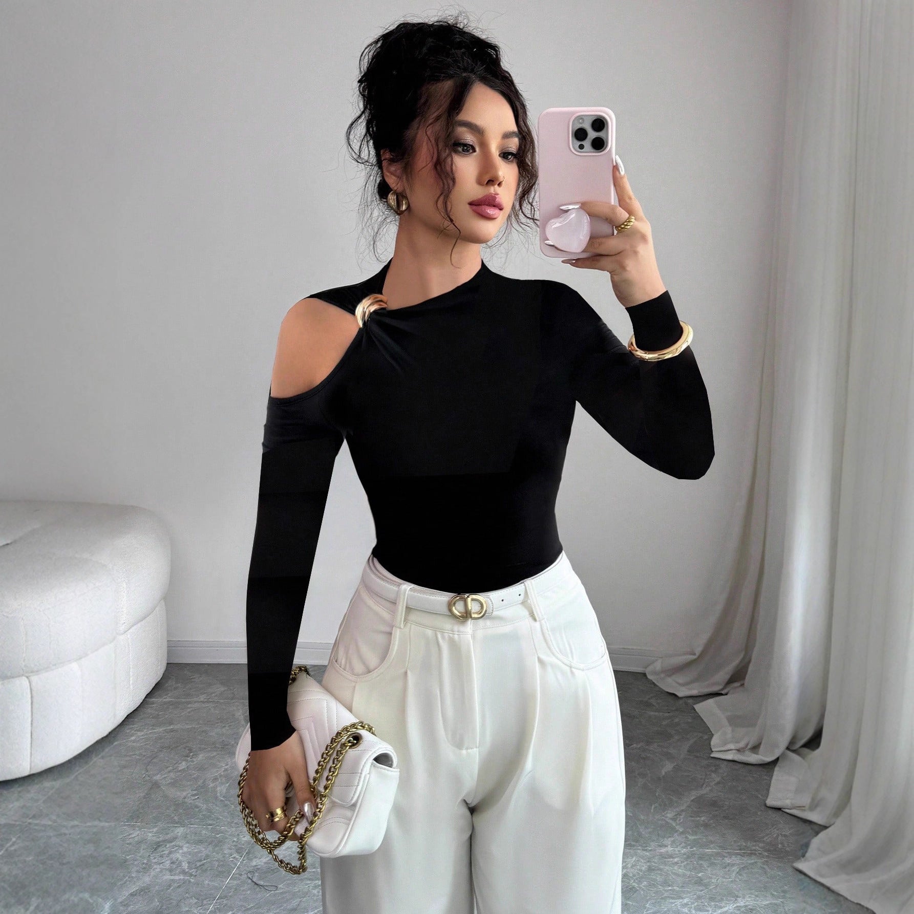 asymmetric off-the-shoulder slim top