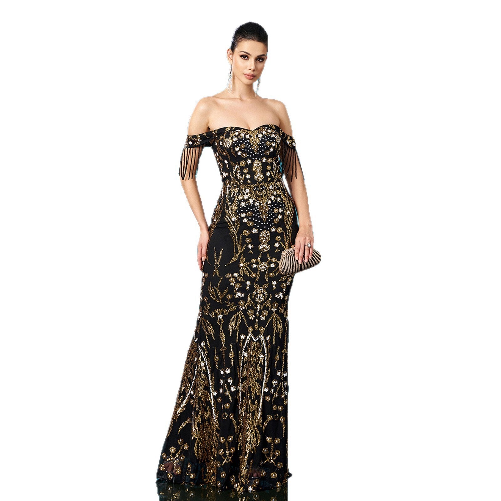 Off-neck Sequined Fishtail Evening Dress For Banquet